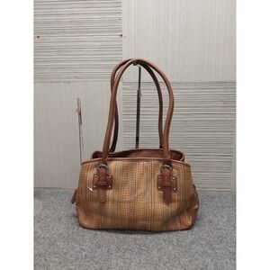 Croft & Barrow Women Shoulder Bag Small Brown Stripe Braided Leather Trim Casual